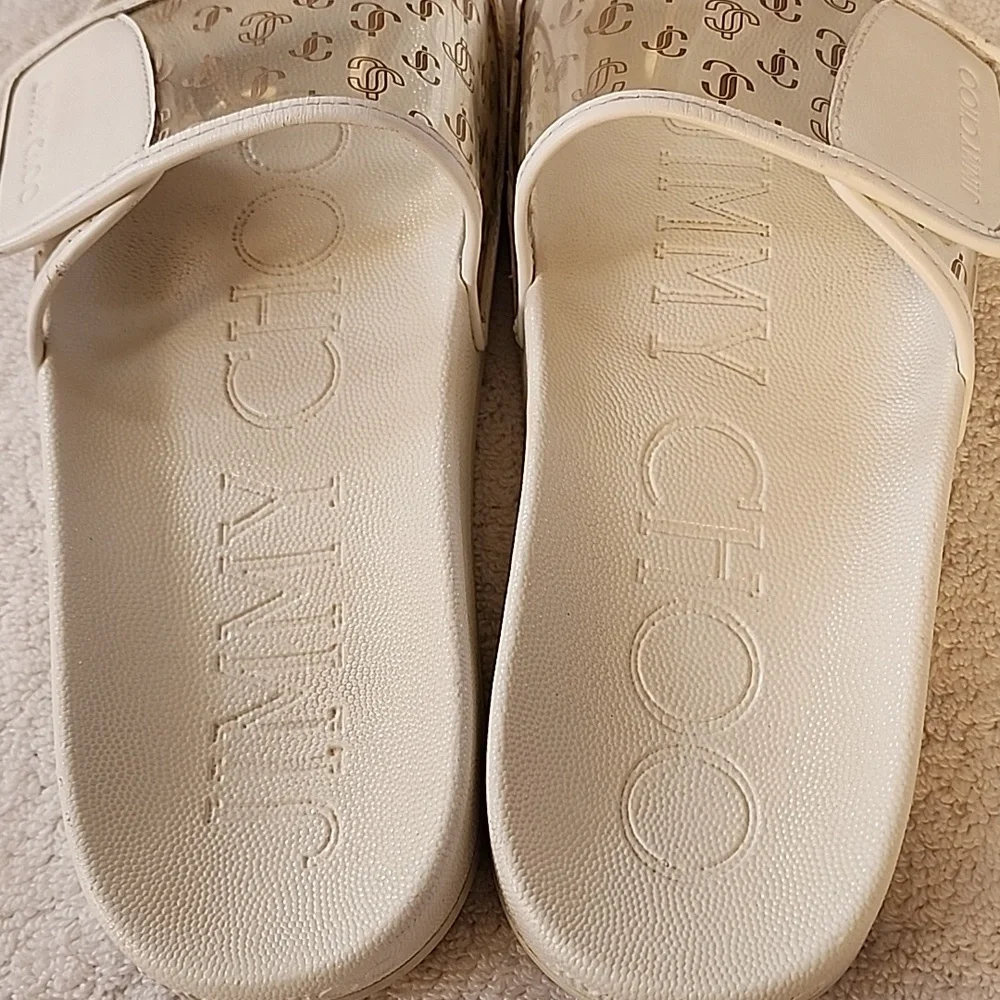 Jimmy Choo Womens White Slide Sandals With Clear Gold JCs Size 9 Preowned - Picture 8 of 12